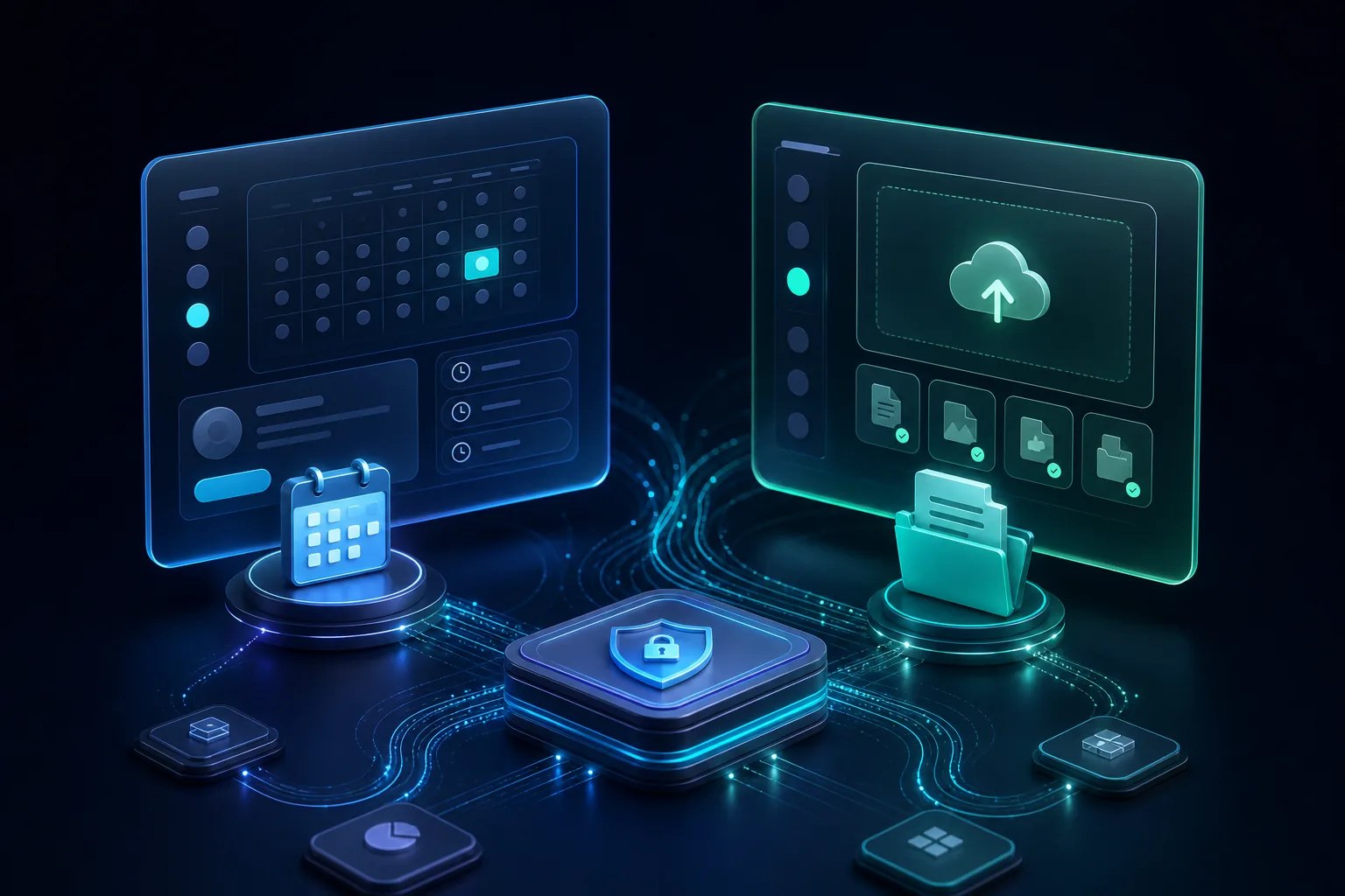 Conceptual booking calendar and secure document upload workflows connected to business systems