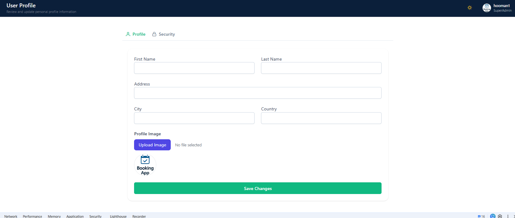 Booking App user profile and security interface