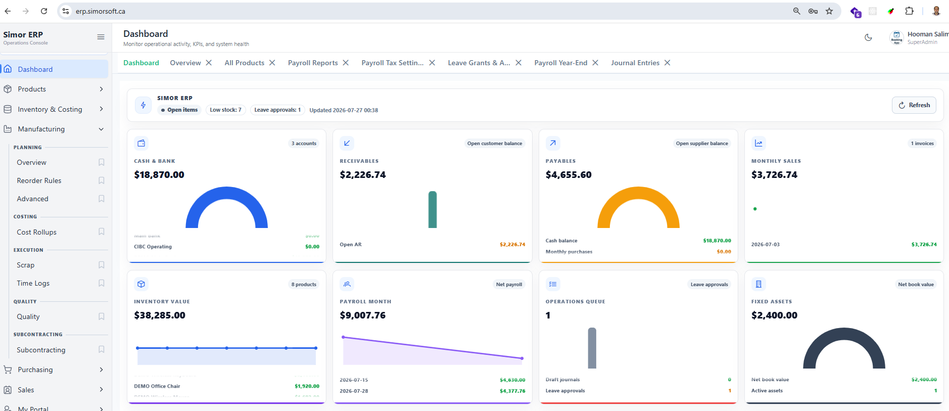 Simor ERP main operational dashboard showing finance, sales, inventory, payroll, assets, and business alerts