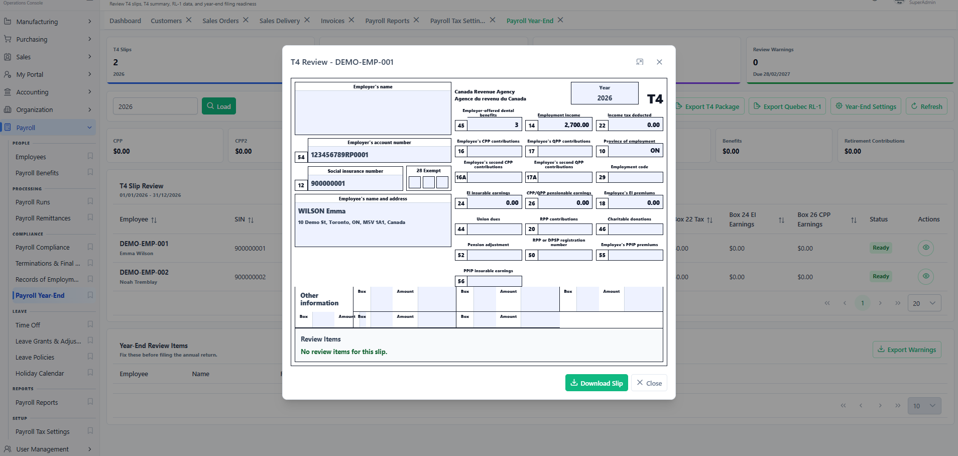 Simor ERP Canadian payroll year-end T4 review